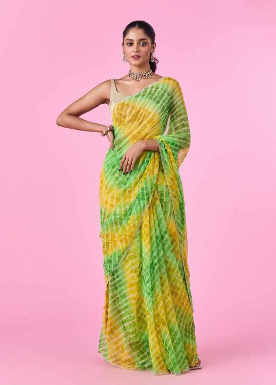 Mohey Women Elegant Green-Yellow Chiffon Saree