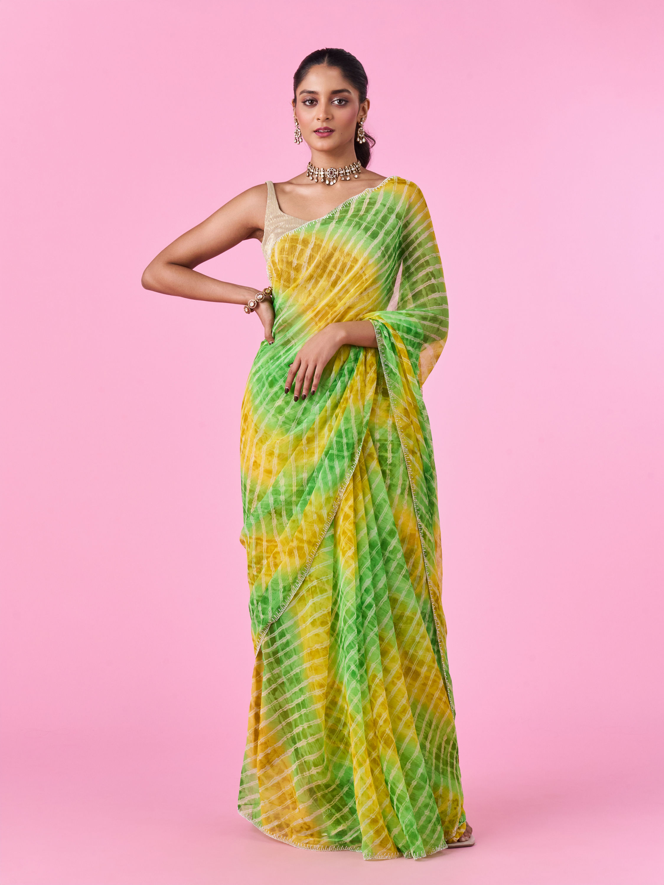 Mohey Women Elegant Green-Yellow Chiffon Saree