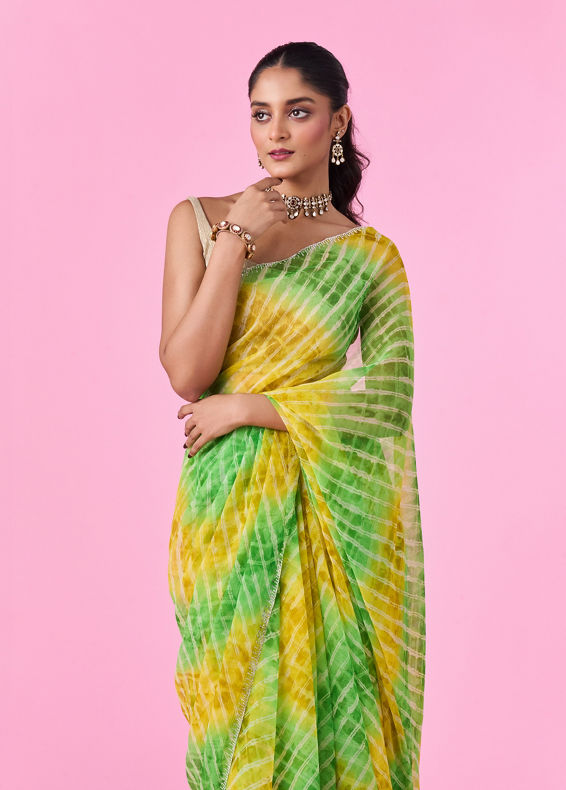 Mohey Women Elegant Green-Yellow Chiffon Saree