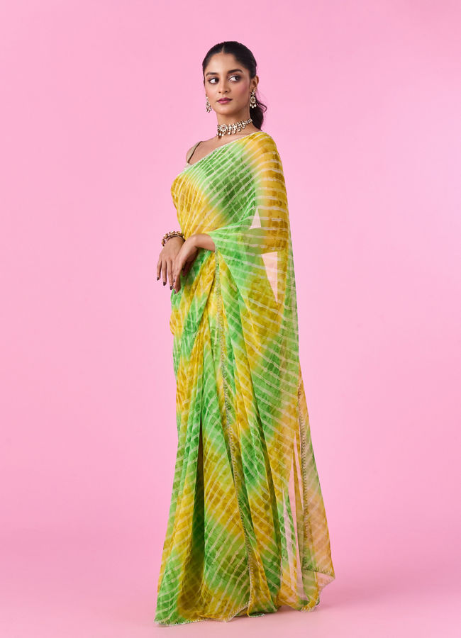 Mohey Women Elegant Green-Yellow Chiffon Saree