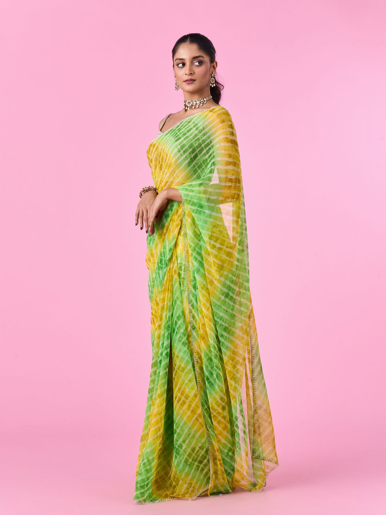 Mohey Women Elegant Green-Yellow Chiffon Saree