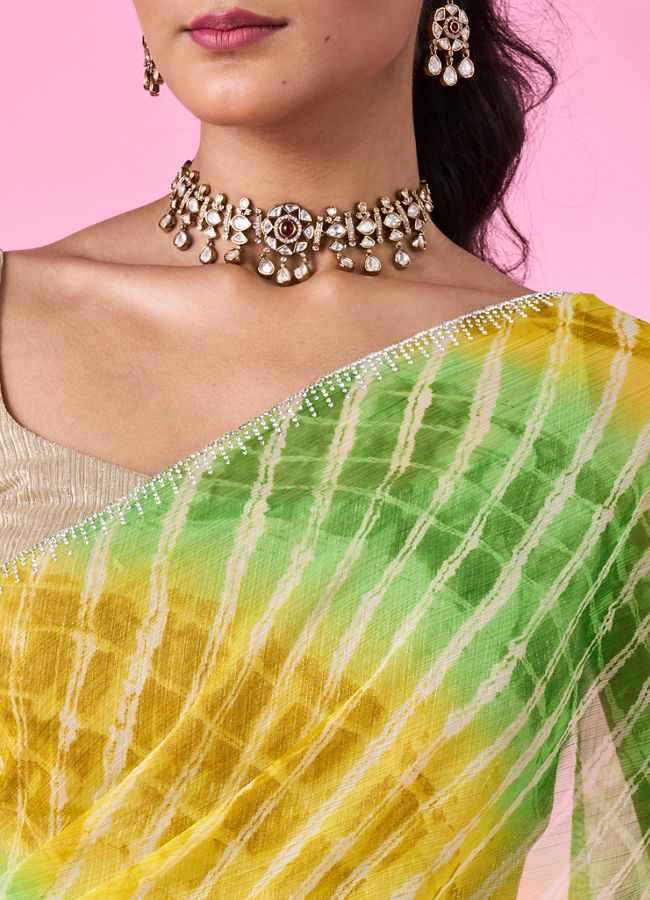 Mohey Women Elegant Green-Yellow Chiffon Saree