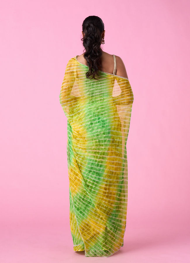 Mohey Women Elegant Green-Yellow Chiffon Saree