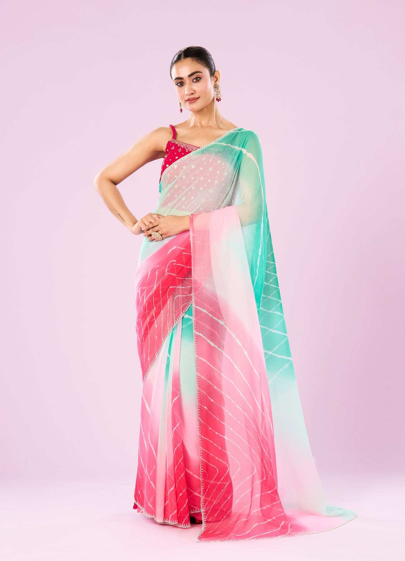 Mohey Women Pink and Sea Green Chiffon Saree