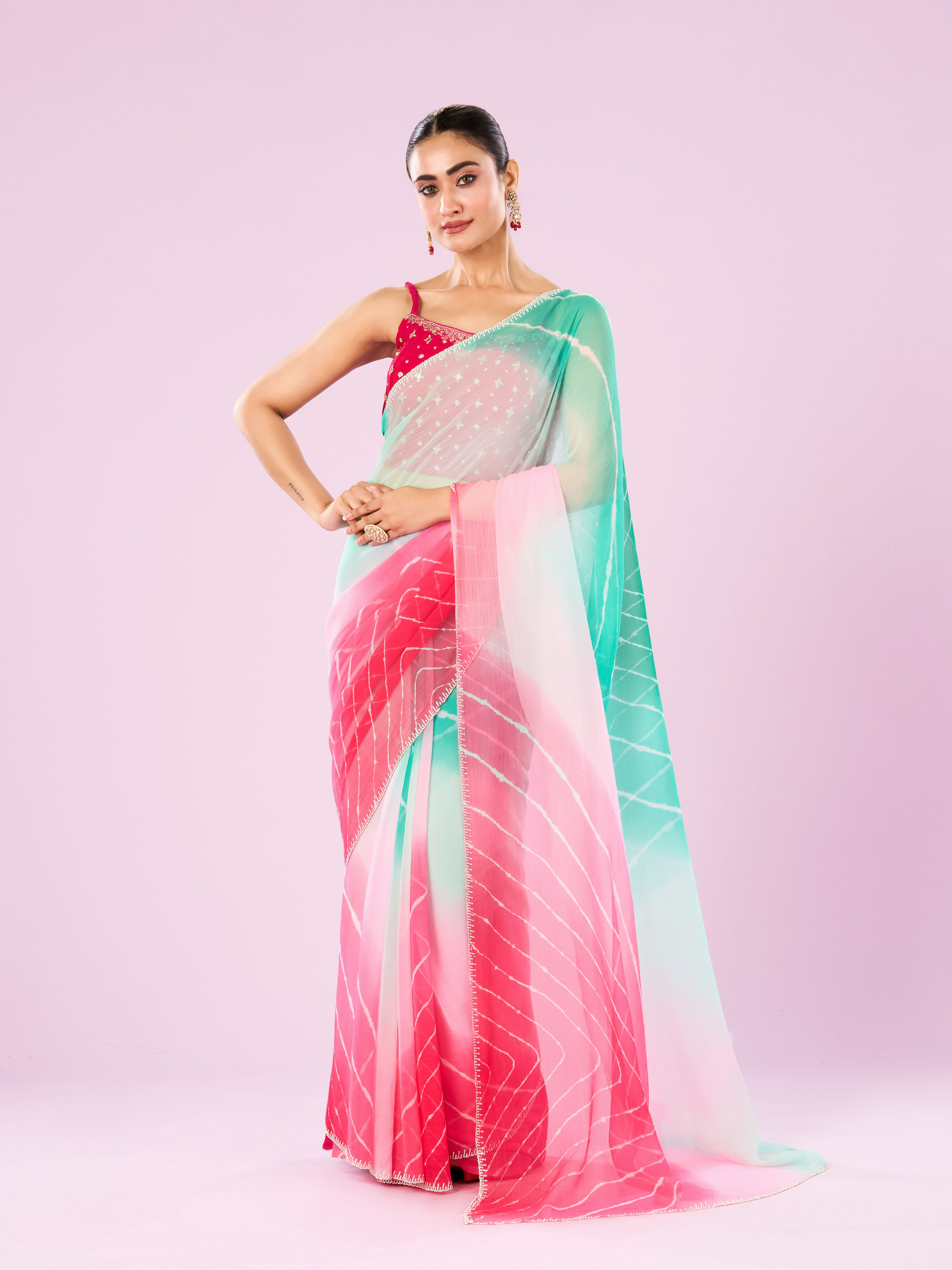 Mohey Women Pink and Sea Green Chiffon Saree