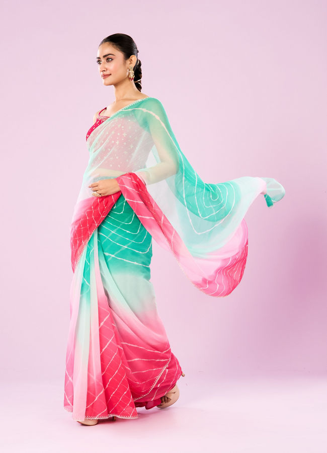 Mohey Women Pink and Sea Green Chiffon Saree