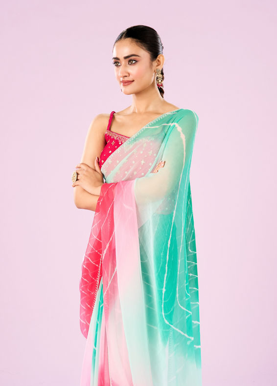 Mohey Women Pink and Sea Green Chiffon Saree