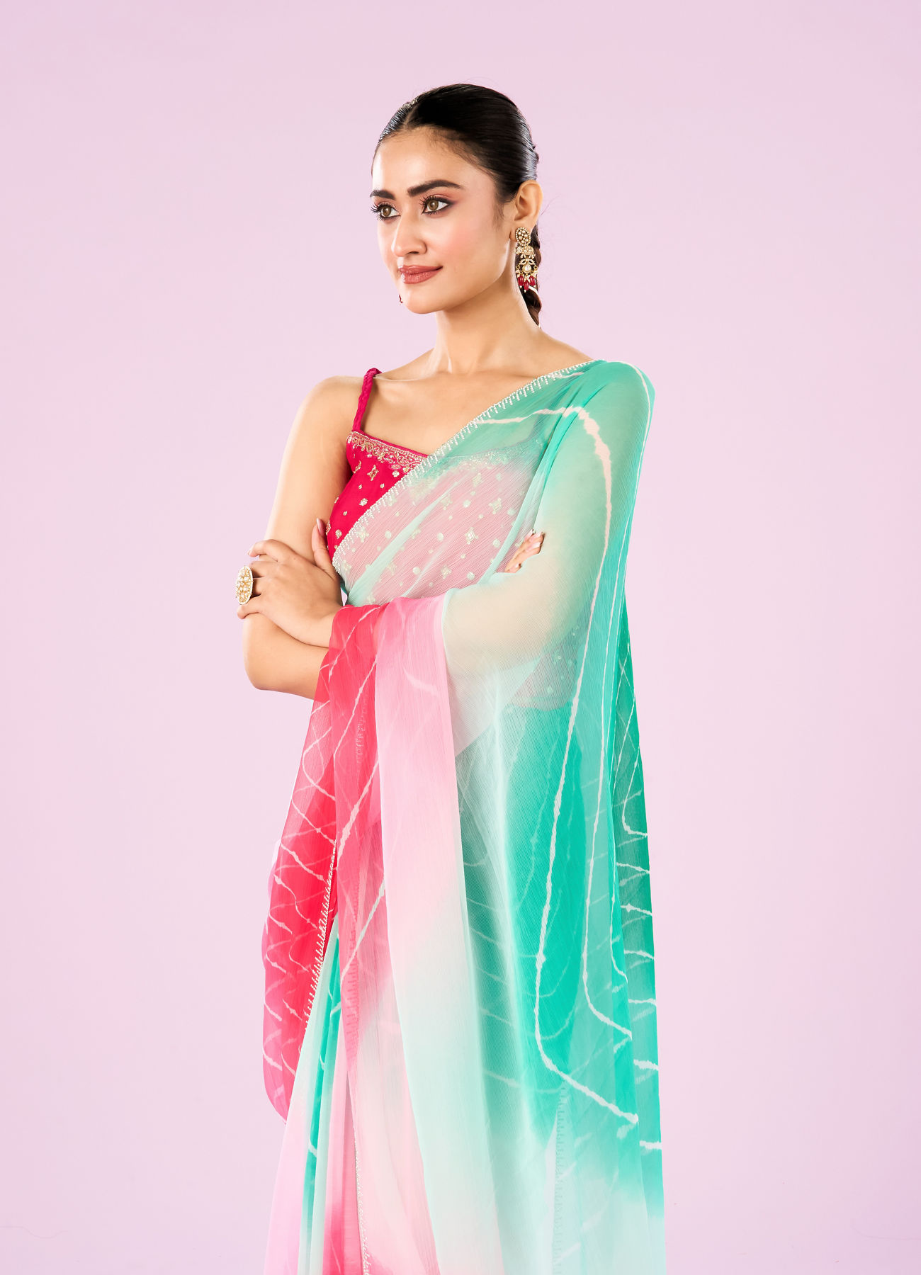 Mohey Women Pink and Sea Green Chiffon Saree