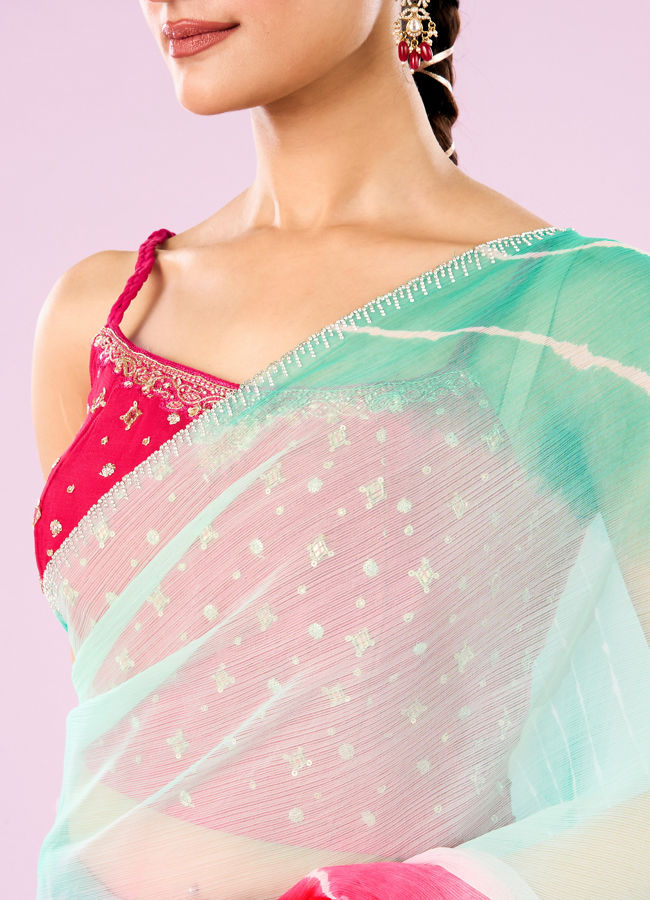 Mohey Women Pink and Sea Green Chiffon Saree
