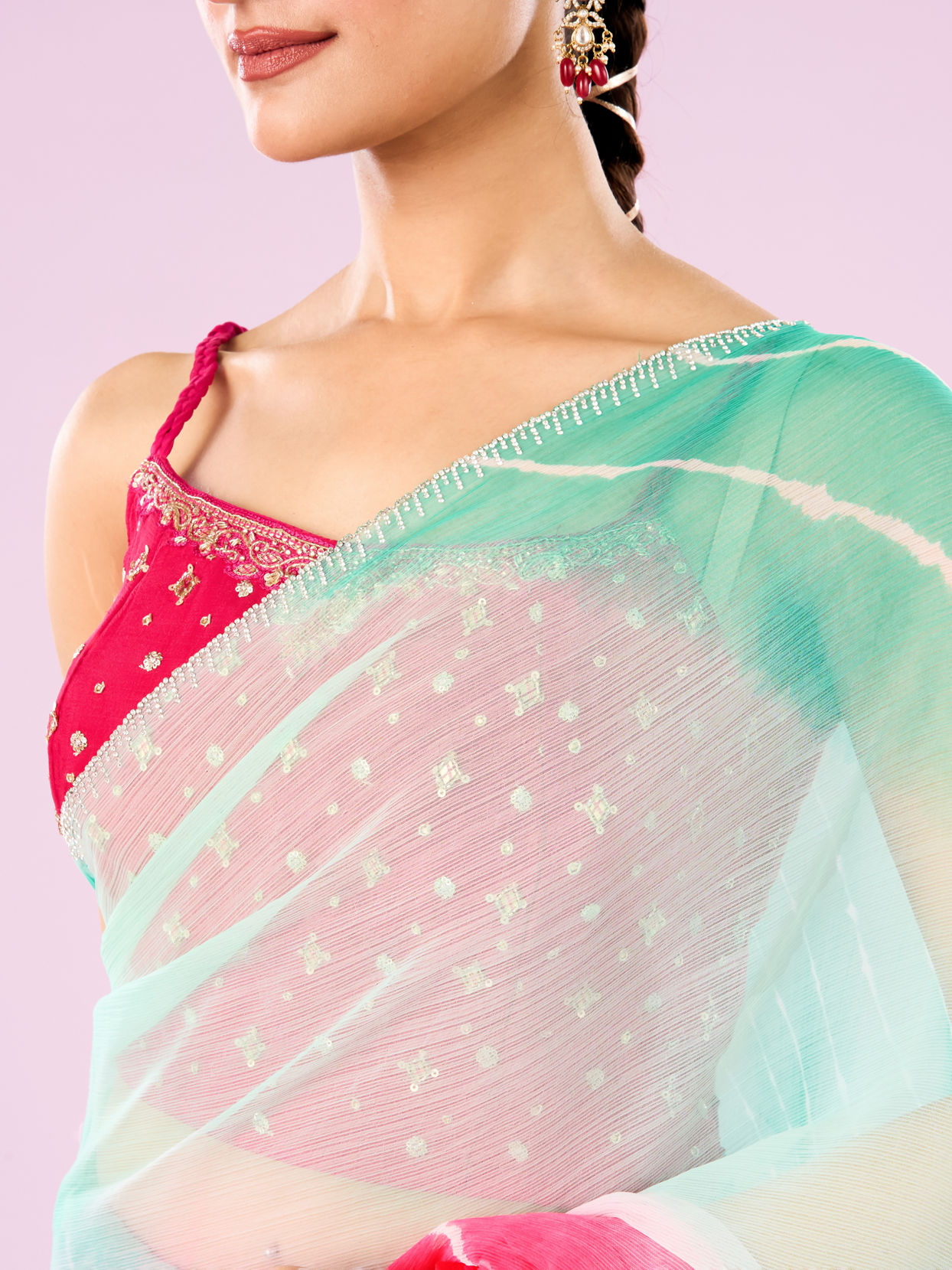 Mohey Women Pink and Sea Green Chiffon Saree