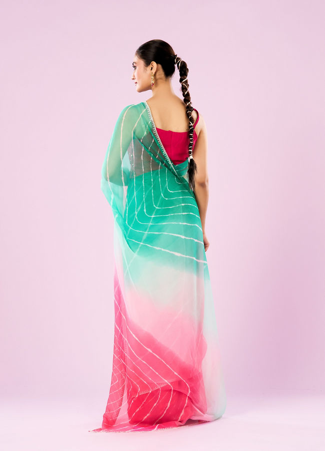 Mohey Women Pink and Sea Green Chiffon Saree