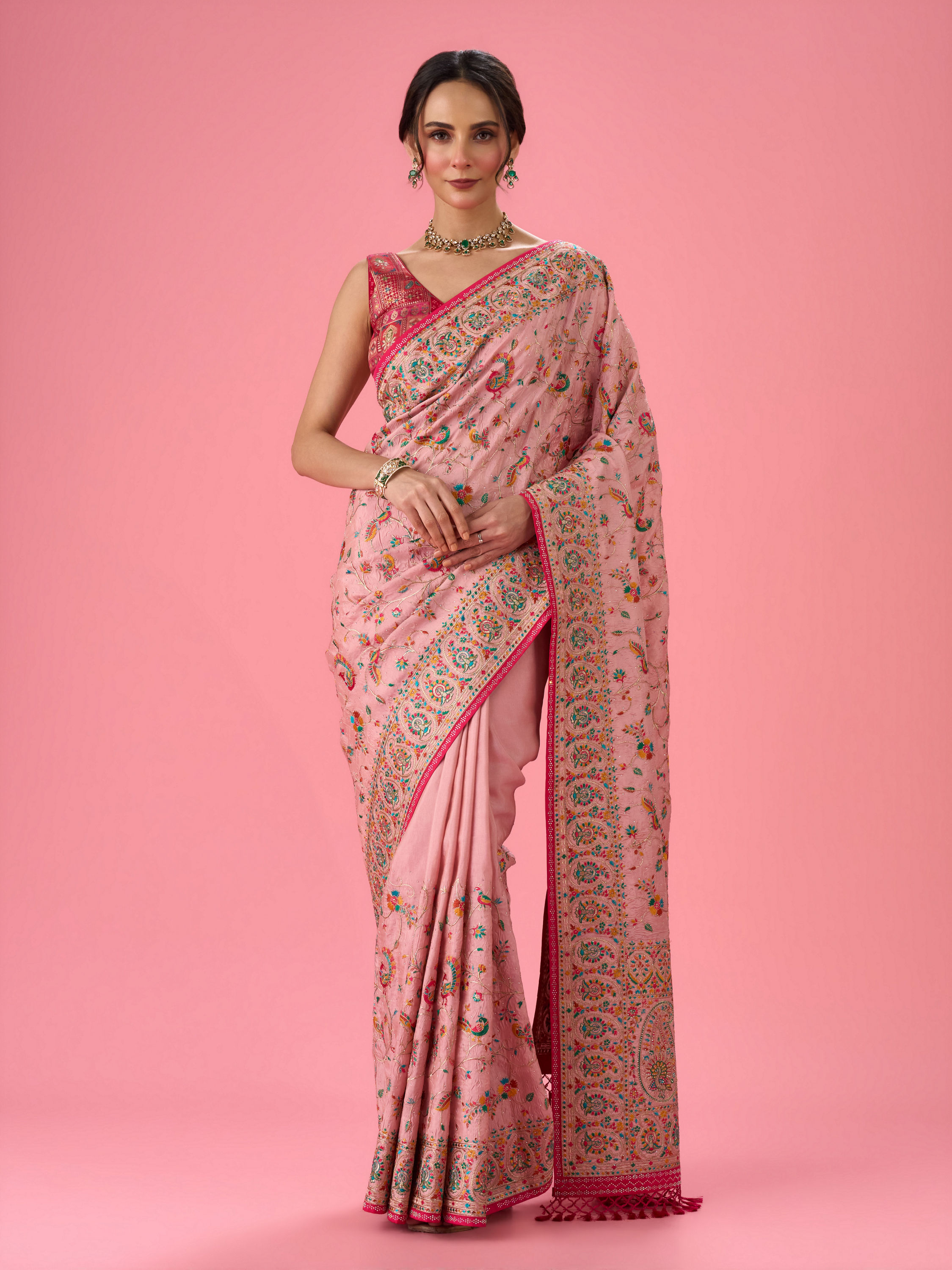 Mohey Women Pink Heavy Art Silk Saree