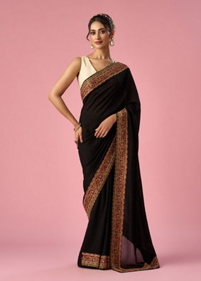 Mohey Women Black Art Silk Saree with Stone Work