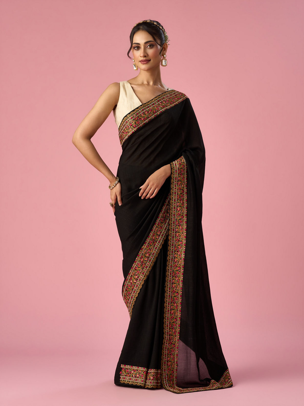 Mohey Women Black Art Silk Saree with Stone Work