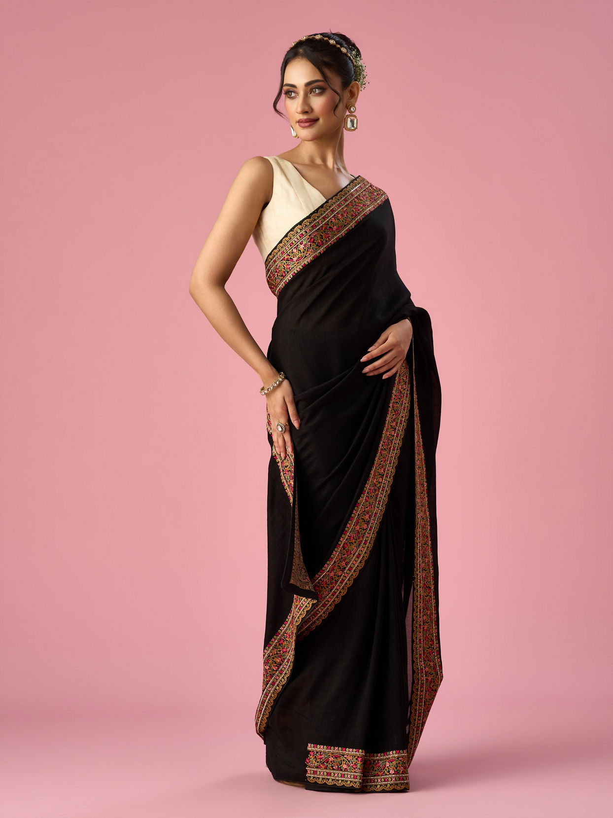 Mohey Women Black Art Silk Saree with Stone Work