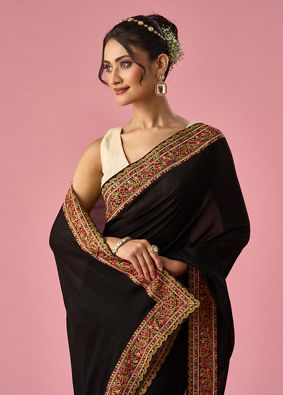 Mohey Women Black Art Silk Saree with Stone Work