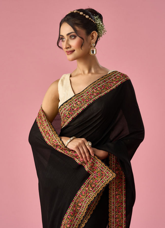 Mohey Women Black Art Silk Saree with Stone Work