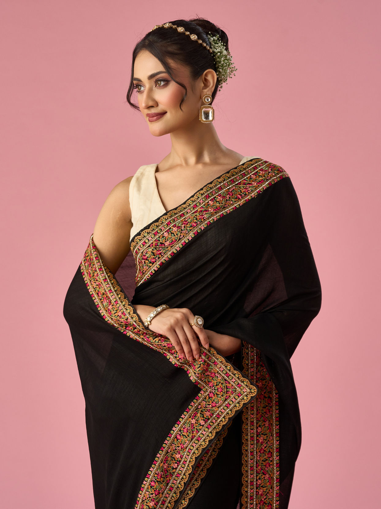 Mohey Women Black Art Silk Saree with Stone Work