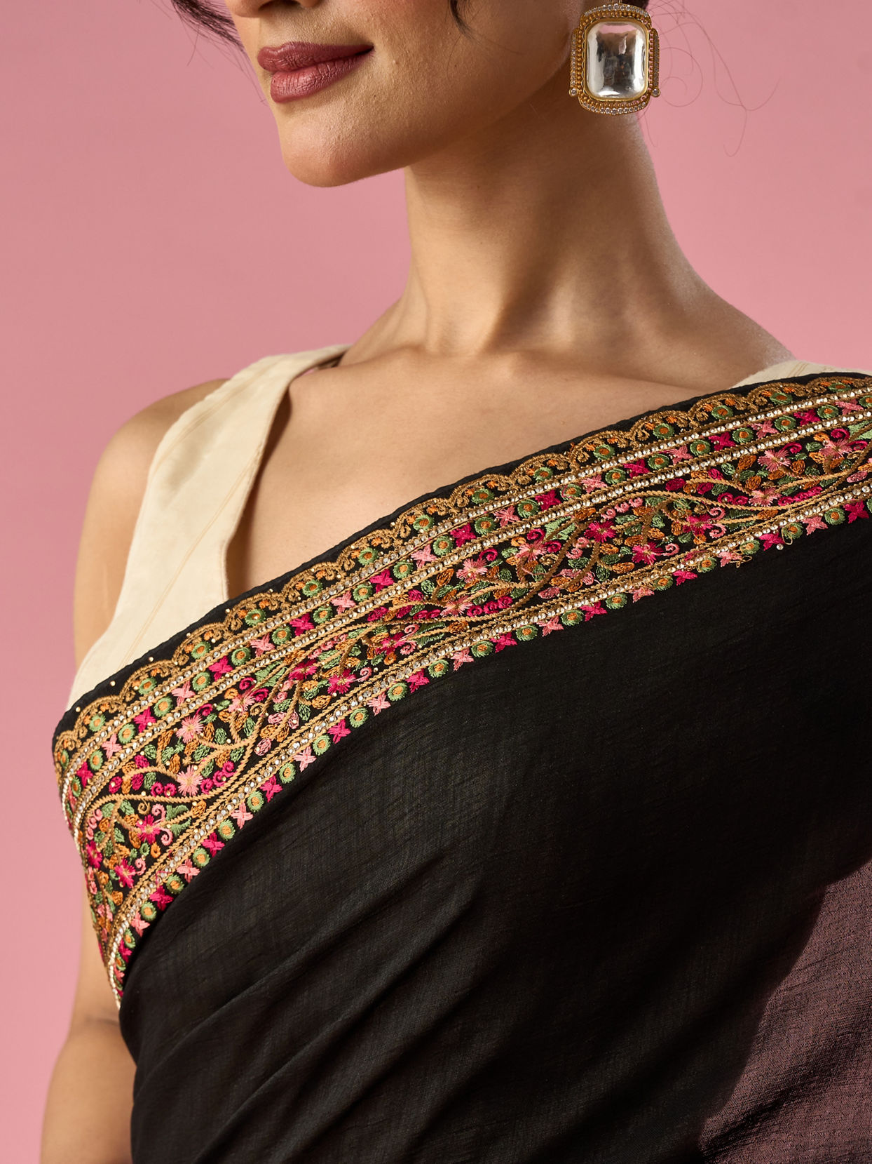 Mohey Women Black Art Silk Saree with Stone Work