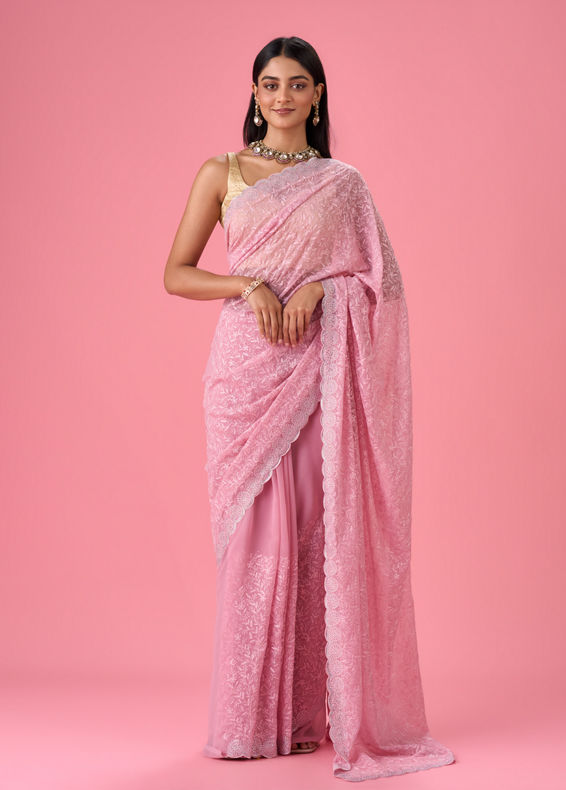 Mohey Women Elegant Pink Georgette Saree