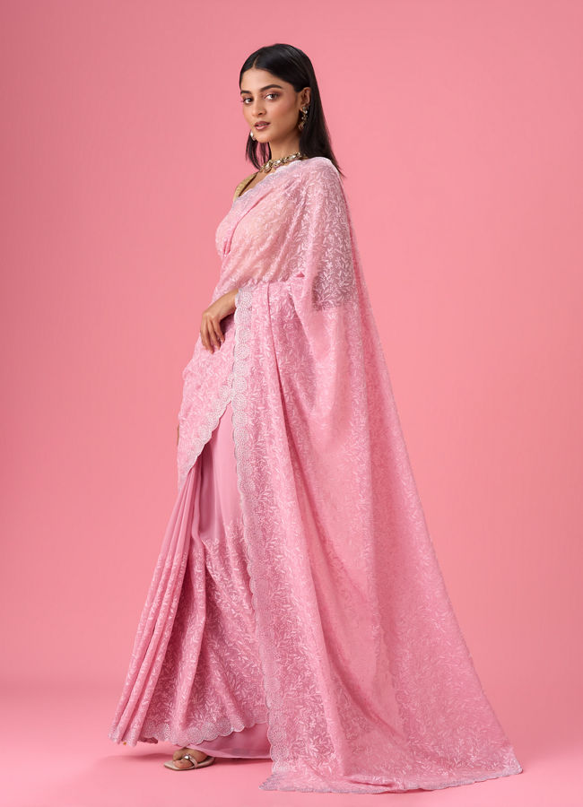 Mohey Women Elegant Pink Georgette Saree