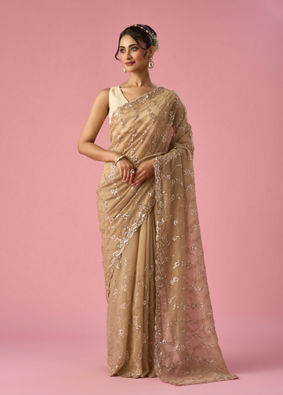 Mohey Women Fawn Organza Saree with Hand Embroidery
