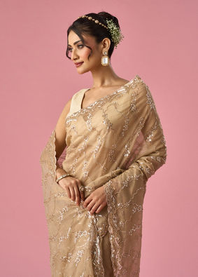 Mohey Women Fawn Organza Saree with Hand Embroidery