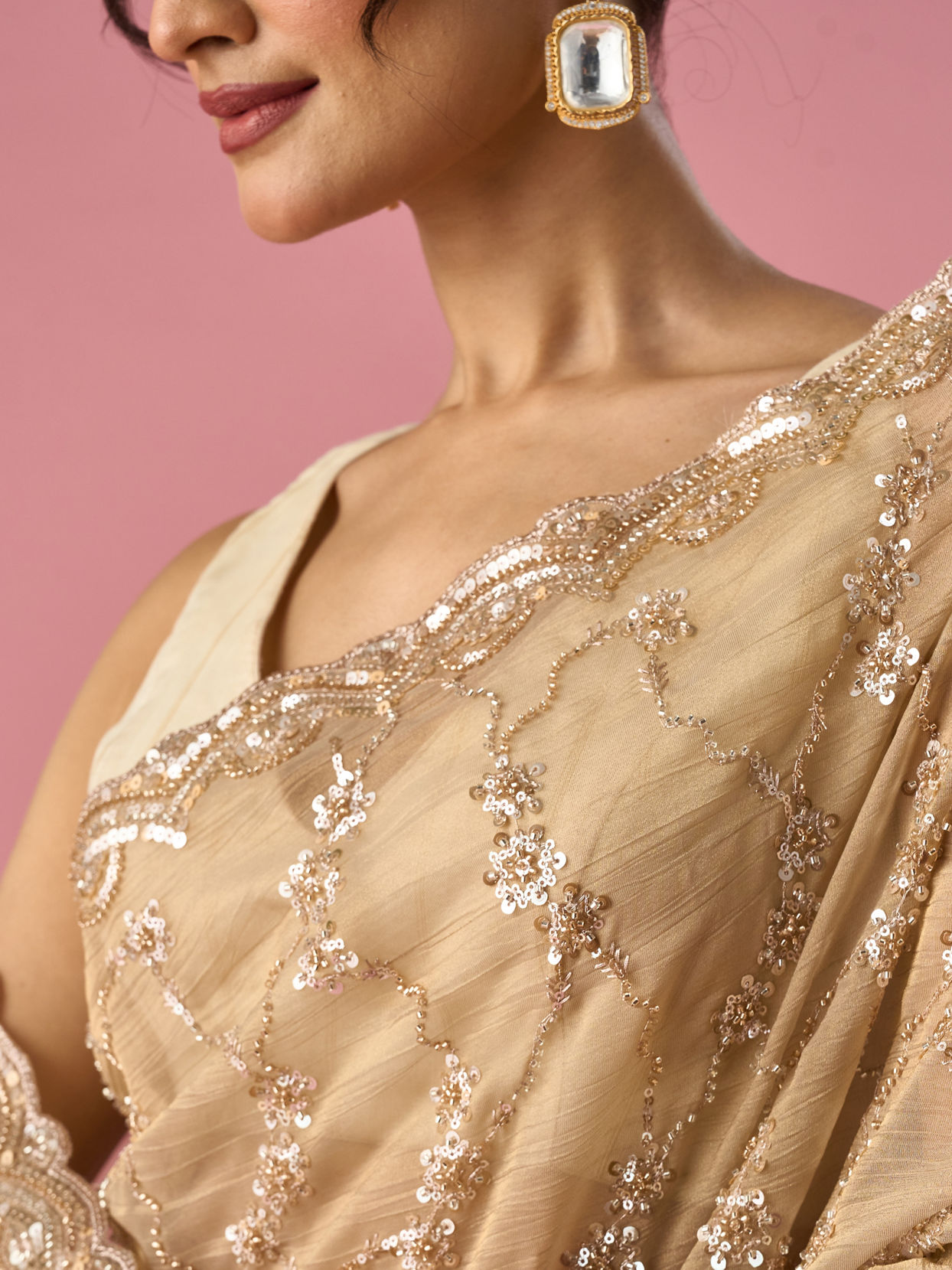 Mohey Women Fawn Organza Saree with Hand Embroidery