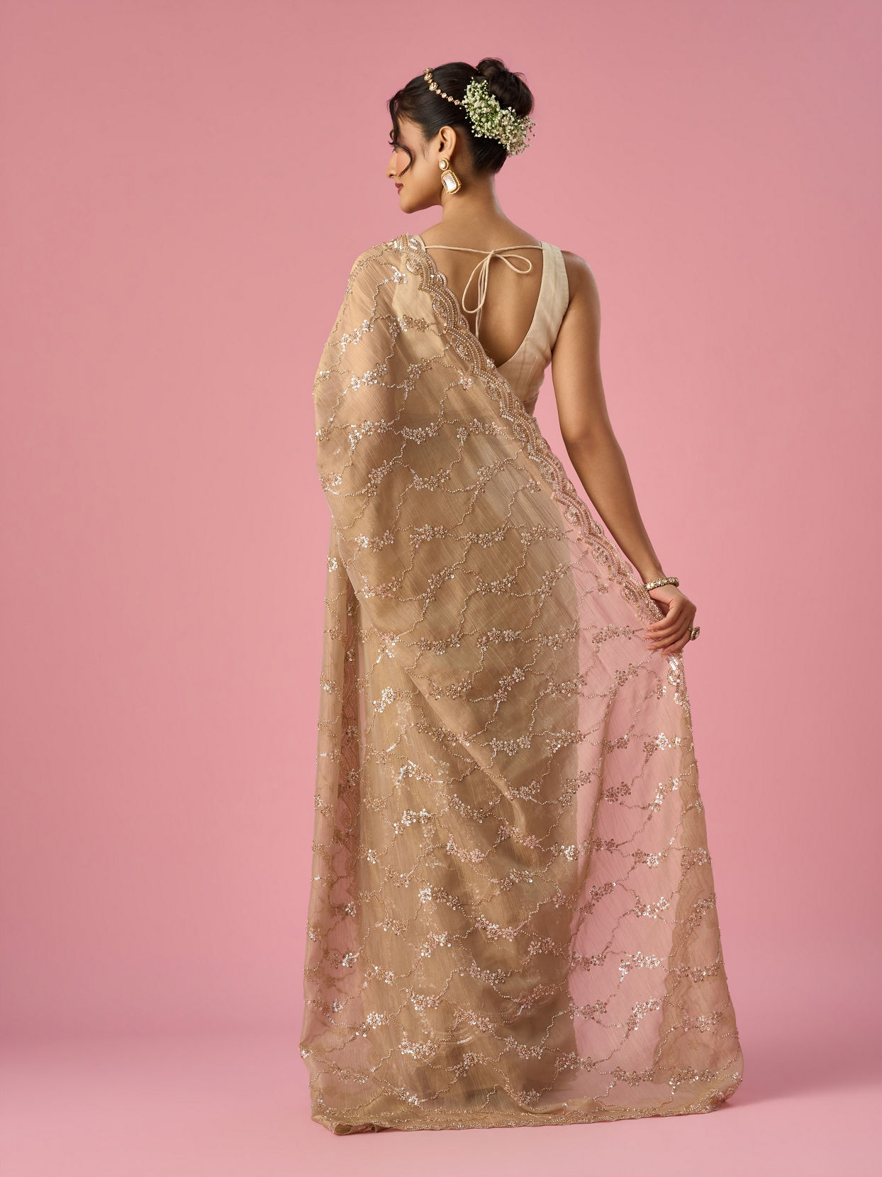 Mohey Women Fawn Organza Saree with Hand Embroidery