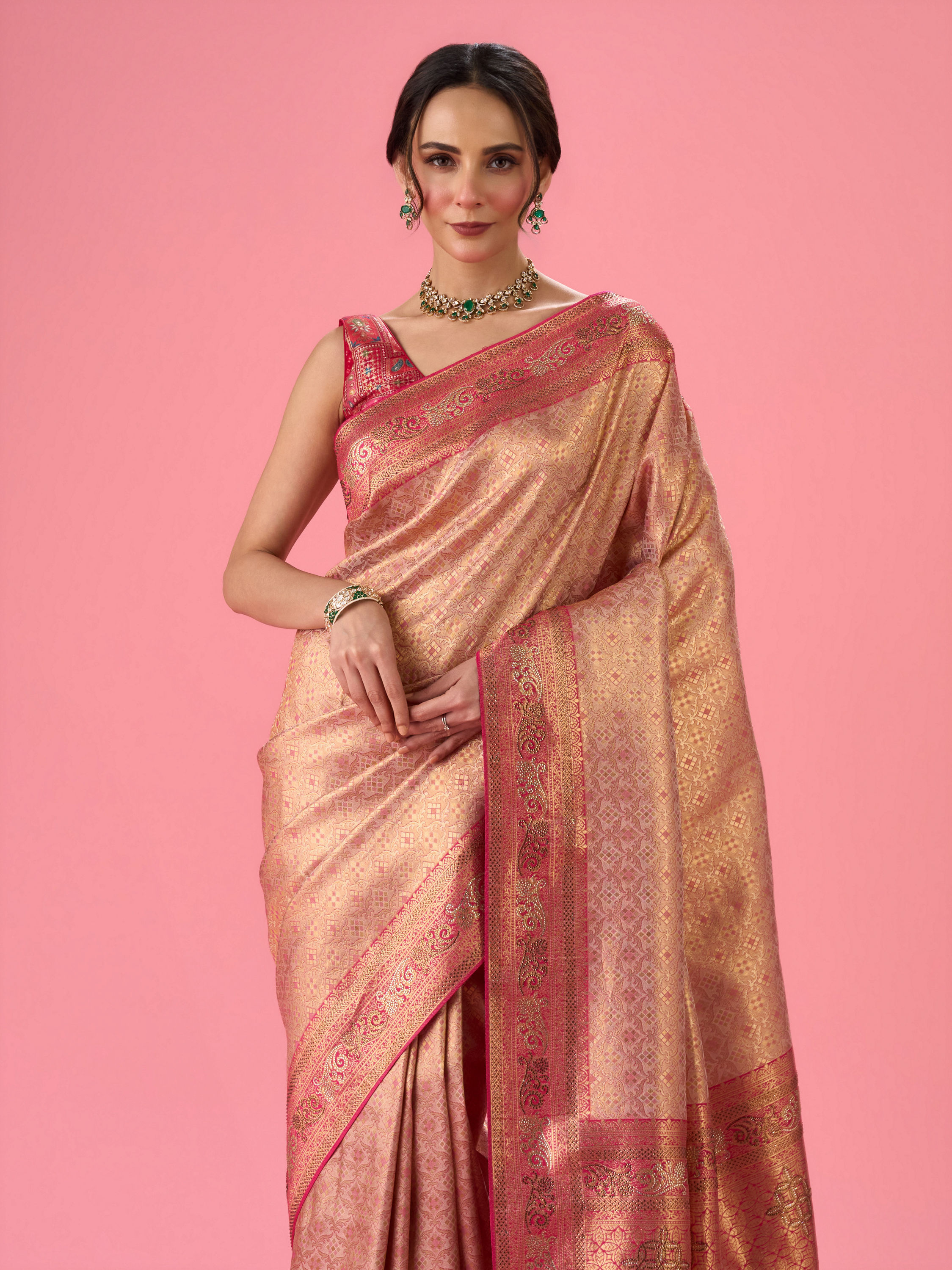 Mohey Women Radiant Rani Pink Banarasi Saree