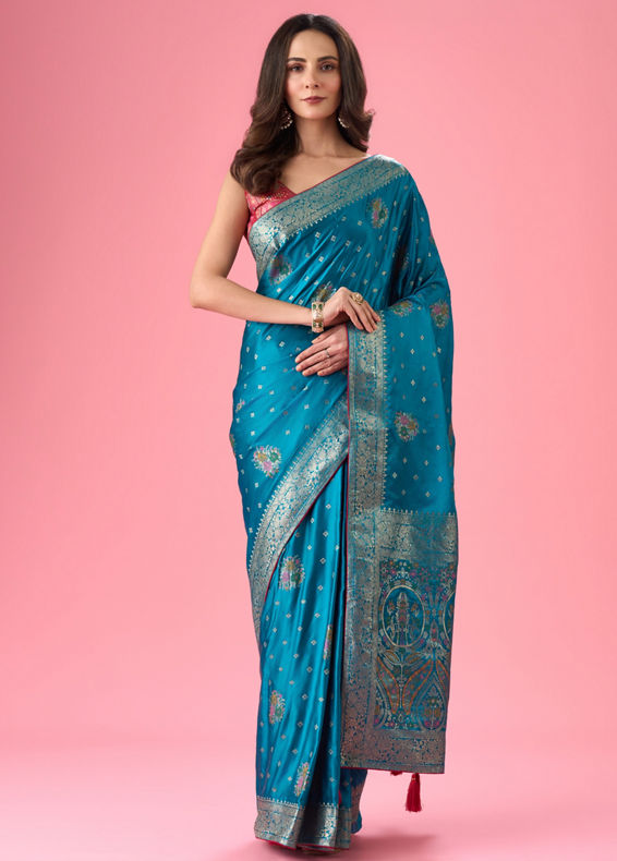 Mohey Women Radiant Teal Blue Banarasi Saree