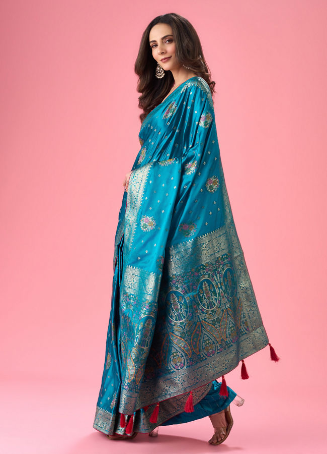 Mohey Women Radiant Teal Blue Banarasi Saree