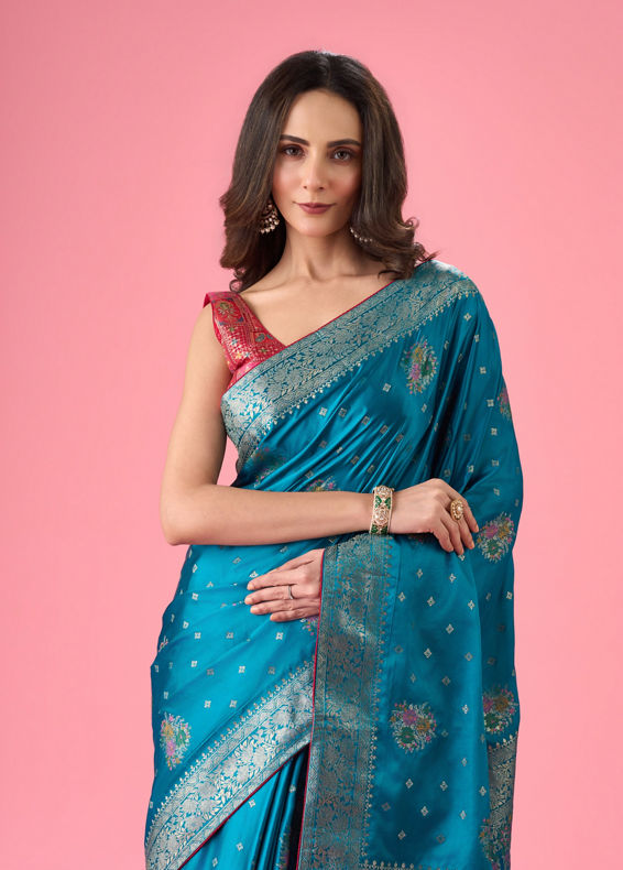Mohey Women Radiant Teal Blue Banarasi Saree