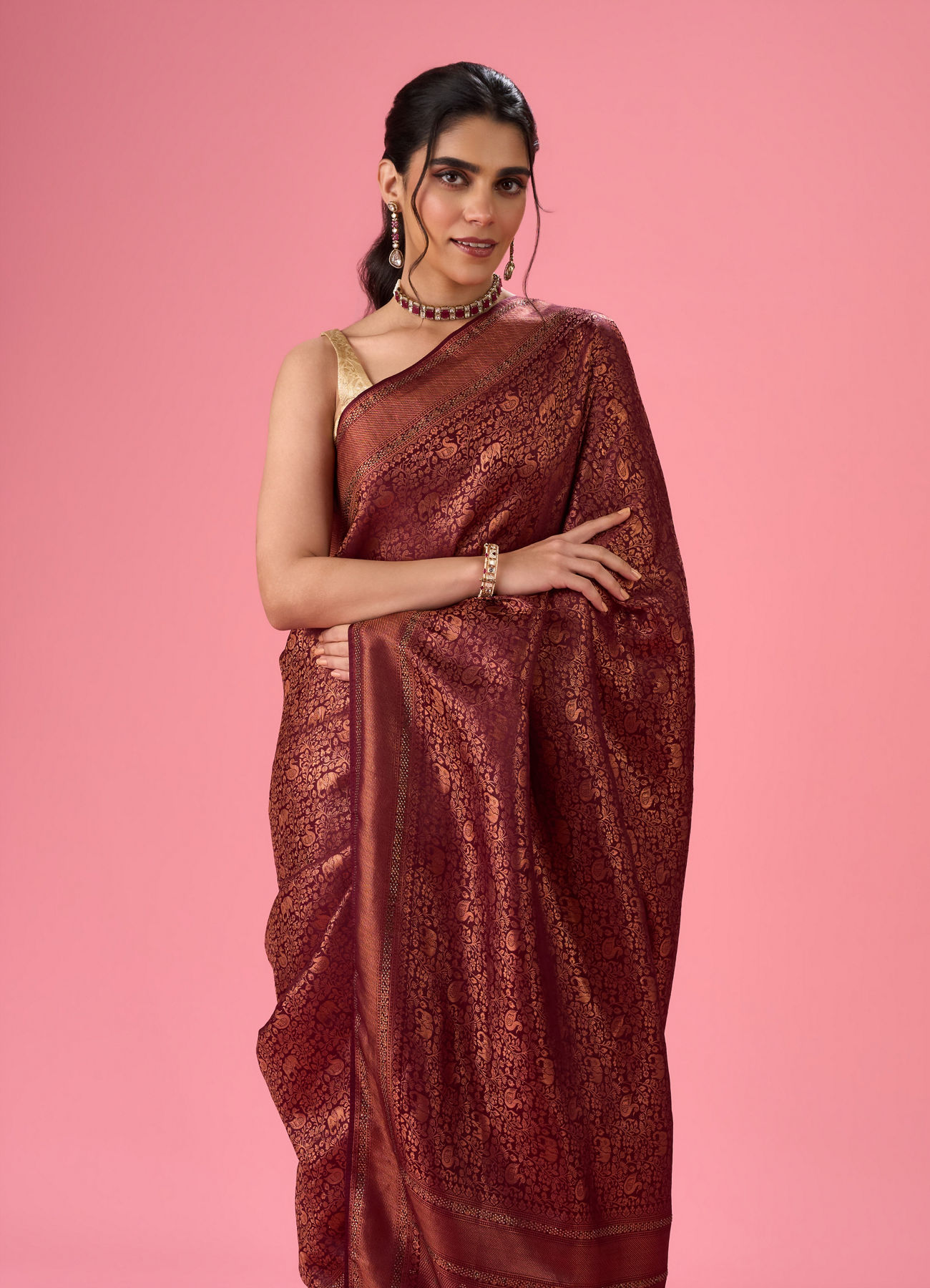 Mohey Women Wine Treasure Opulence Banarasi Saree