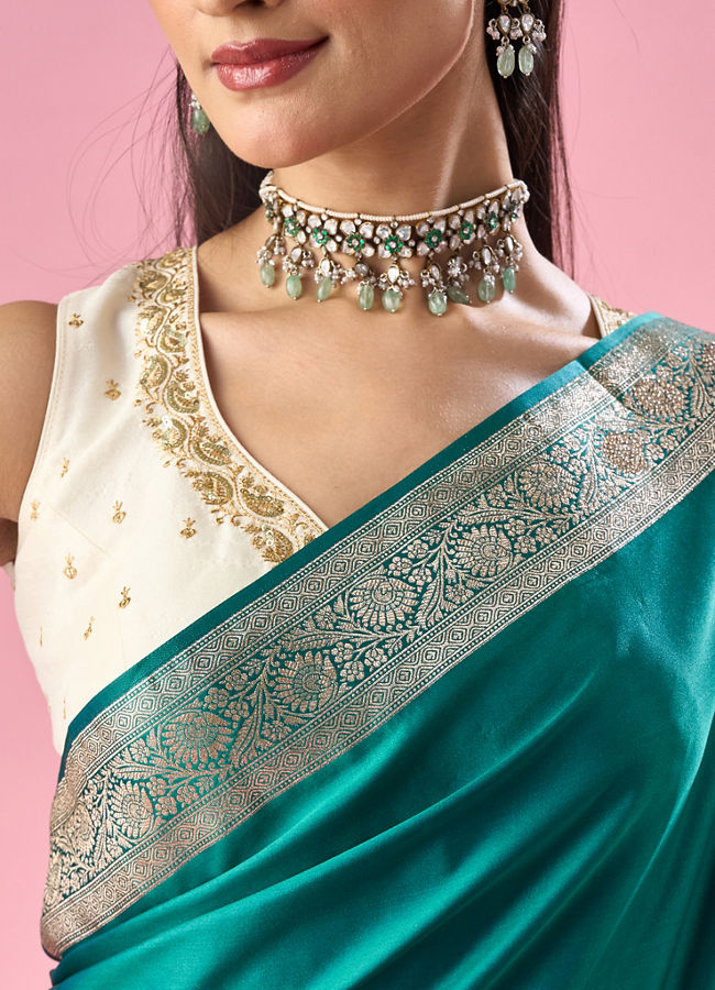 Mohey Women Dark Green Silk Banarasi Saree with Stone Work