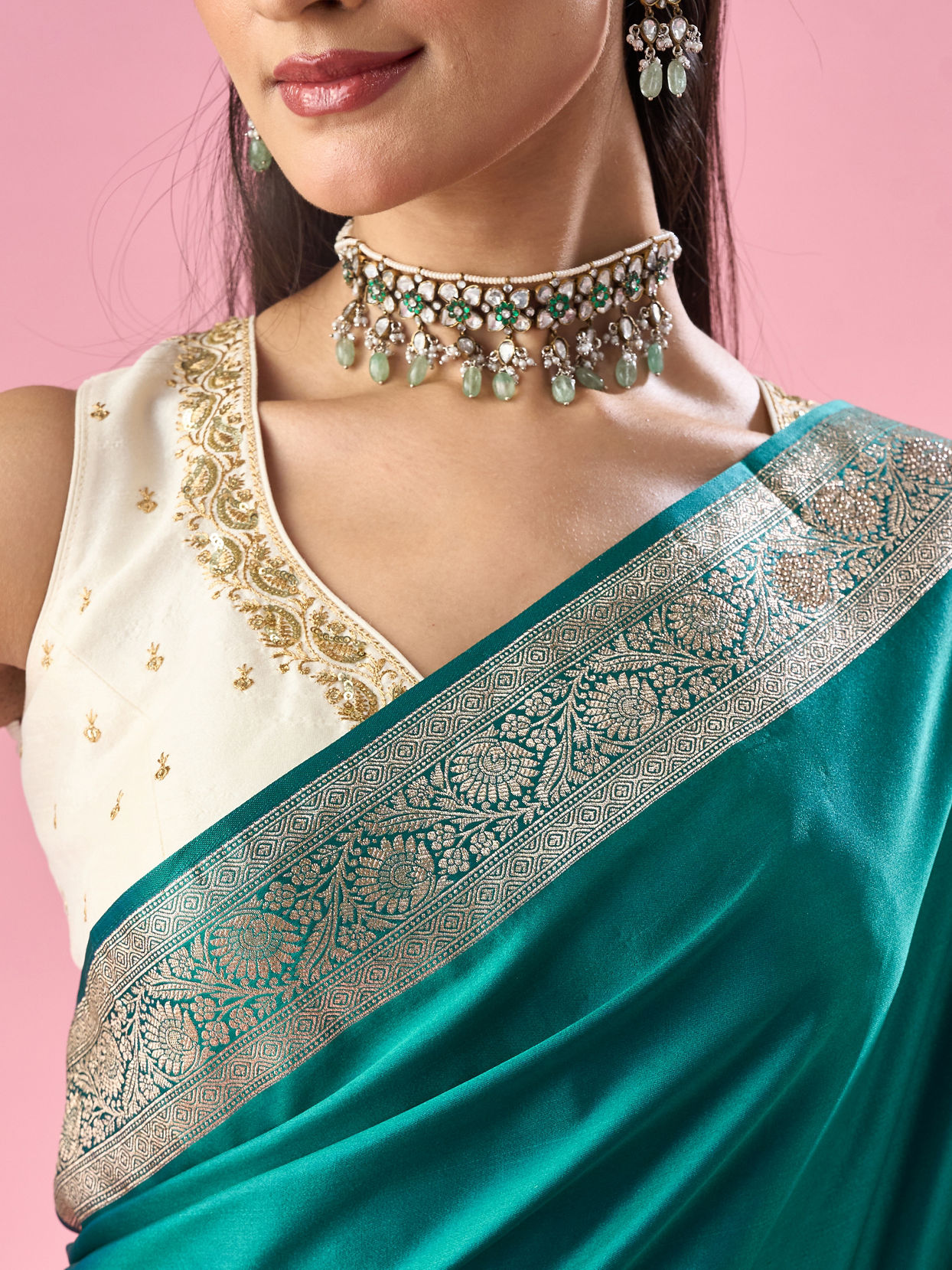Mohey Women Dark Green Silk Banarasi Saree with Stone Work