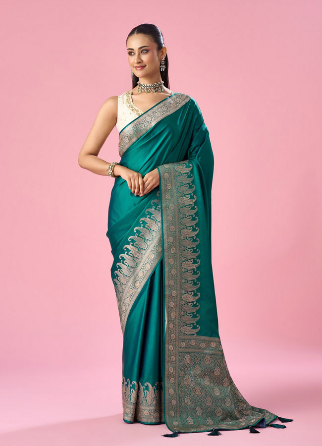 Mohey Women Dark Green Silk Banarasi Saree with Stone Work
