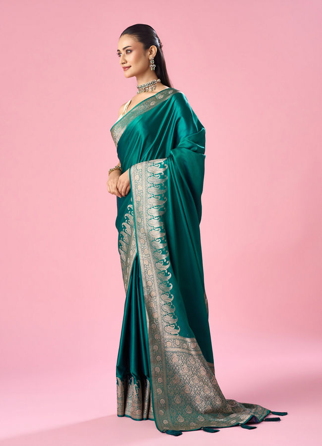 Mohey Women Dark Green Silk Banarasi Saree with Stone Work