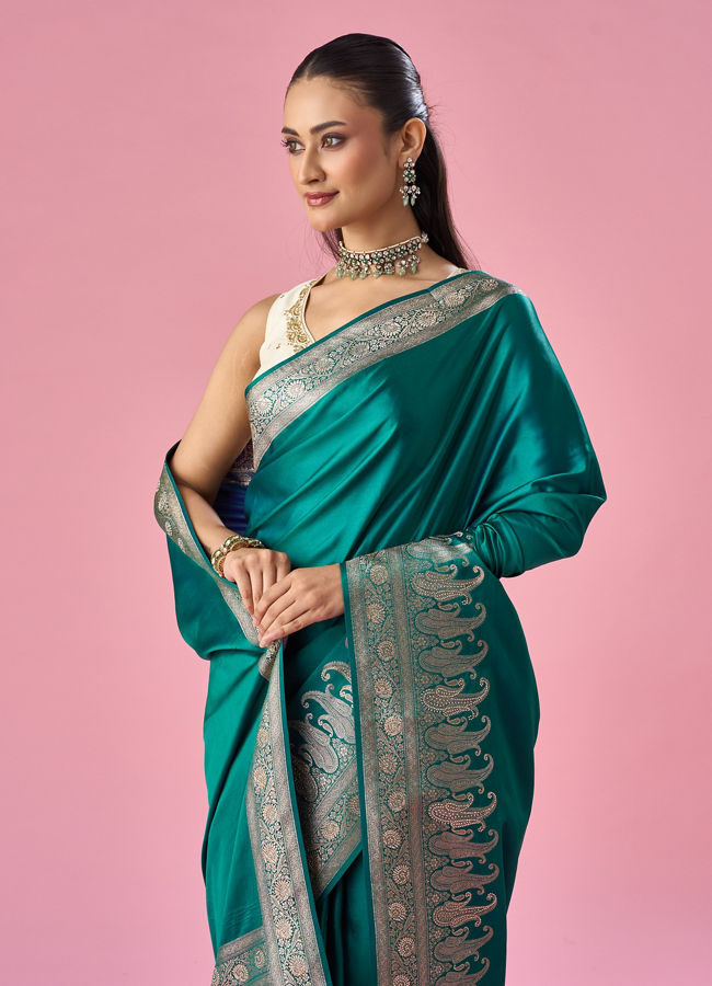 Mohey Women Dark Green Silk Banarasi Saree with Stone Work
