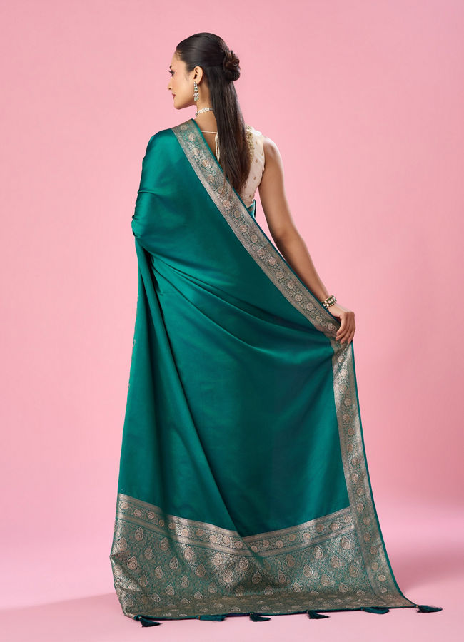 Mohey Women Dark Green Silk Banarasi Saree with Stone Work
