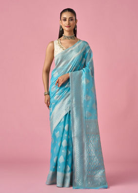 Mohey Women Light Blue Art Silk Saree with Traditional Weave
