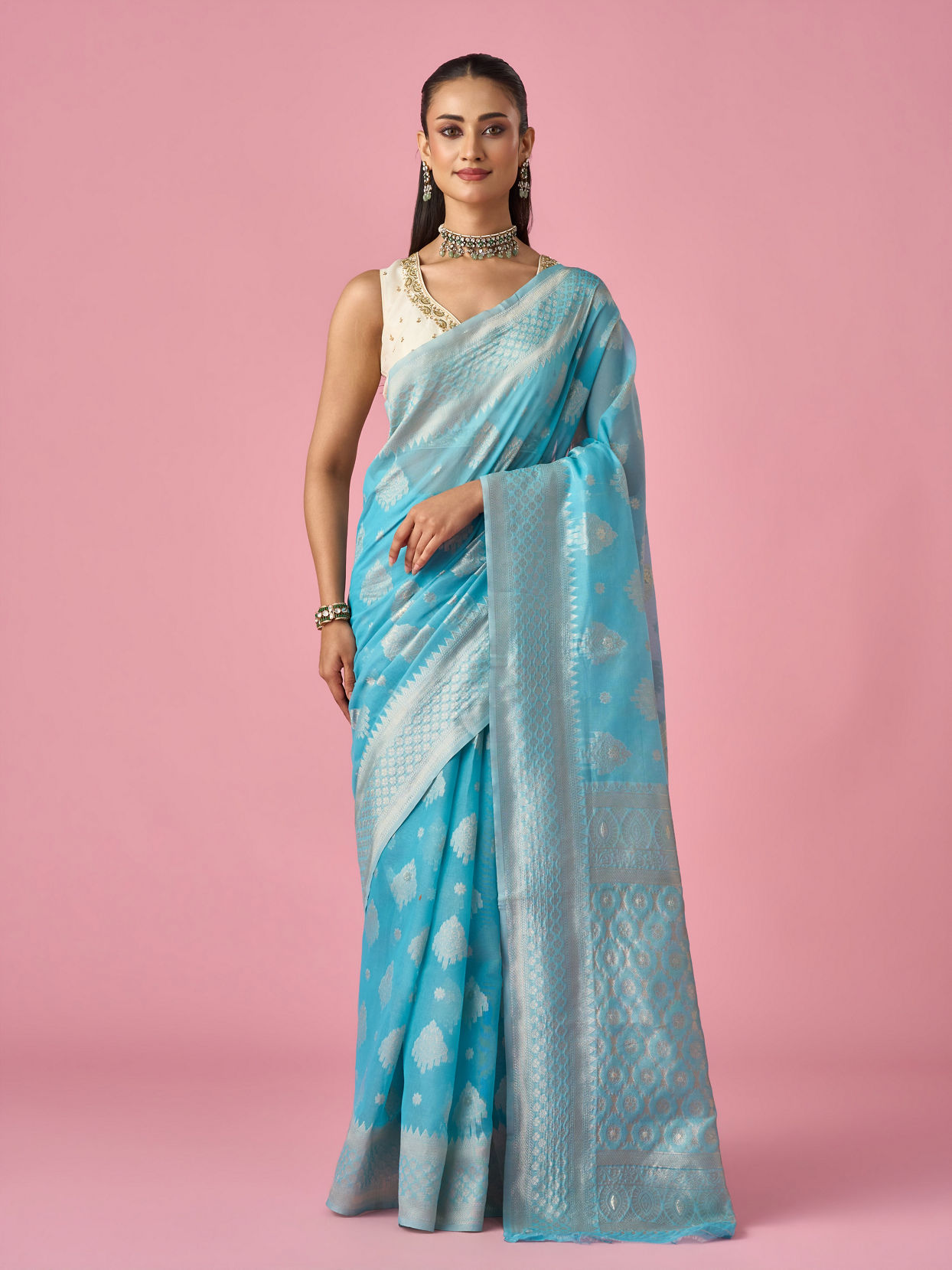 Mohey Women Light Blue Art Silk Saree with Traditional Weave