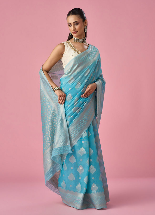 Mohey Women Light Blue Art Silk Saree with Traditional Weave