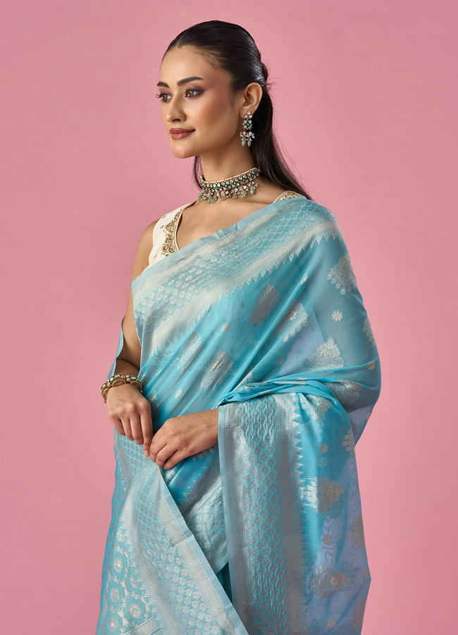 Mohey Women Light Blue Art Silk Saree with Traditional Weave