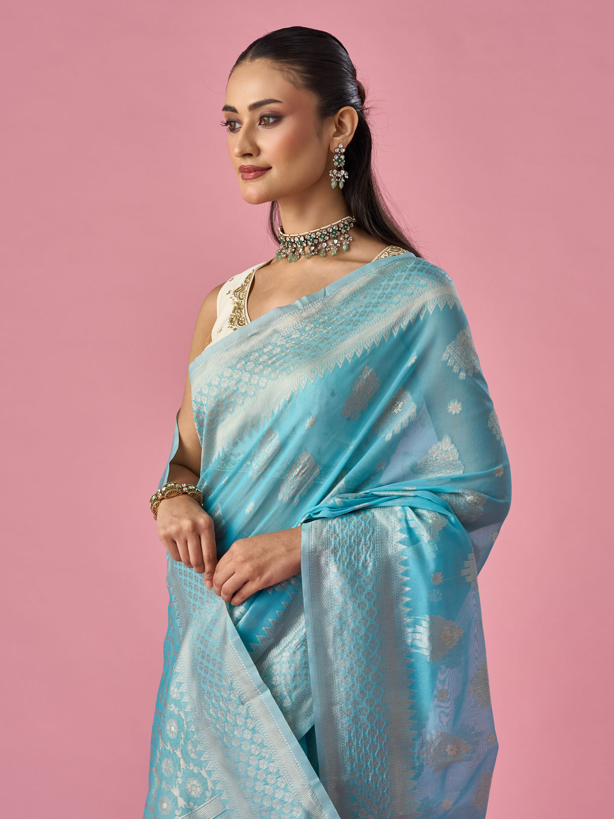 Mohey Women Light Blue Art Silk Saree with Traditional Weave