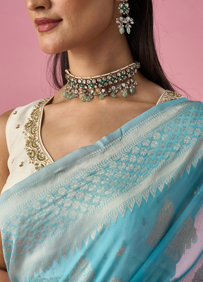 Mohey Women Light Blue Art Silk Saree with Traditional Weave
