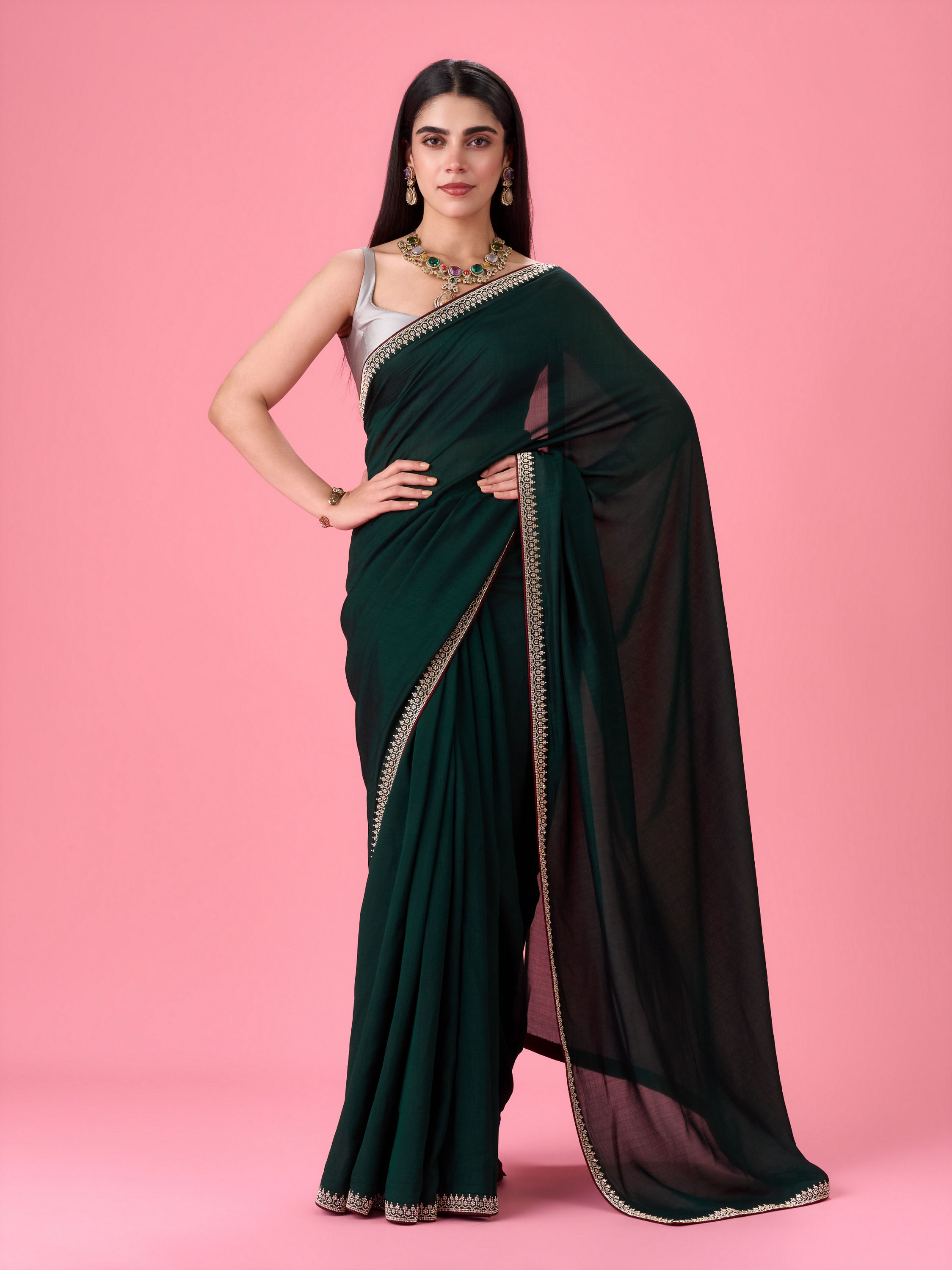 Mohey Women Bottle Green Celebration Saree