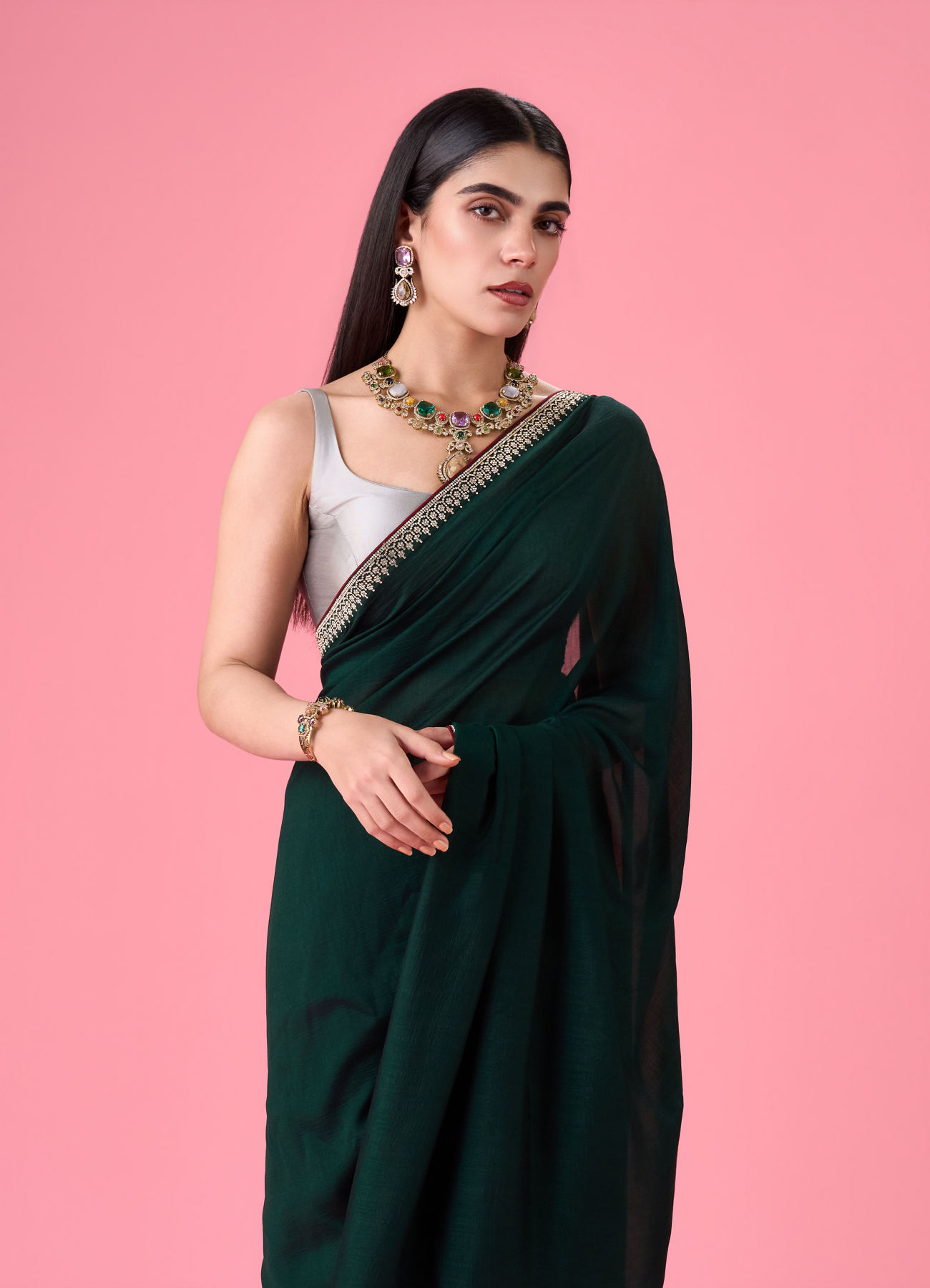 Mohey Women Bottle Green Celebration Saree