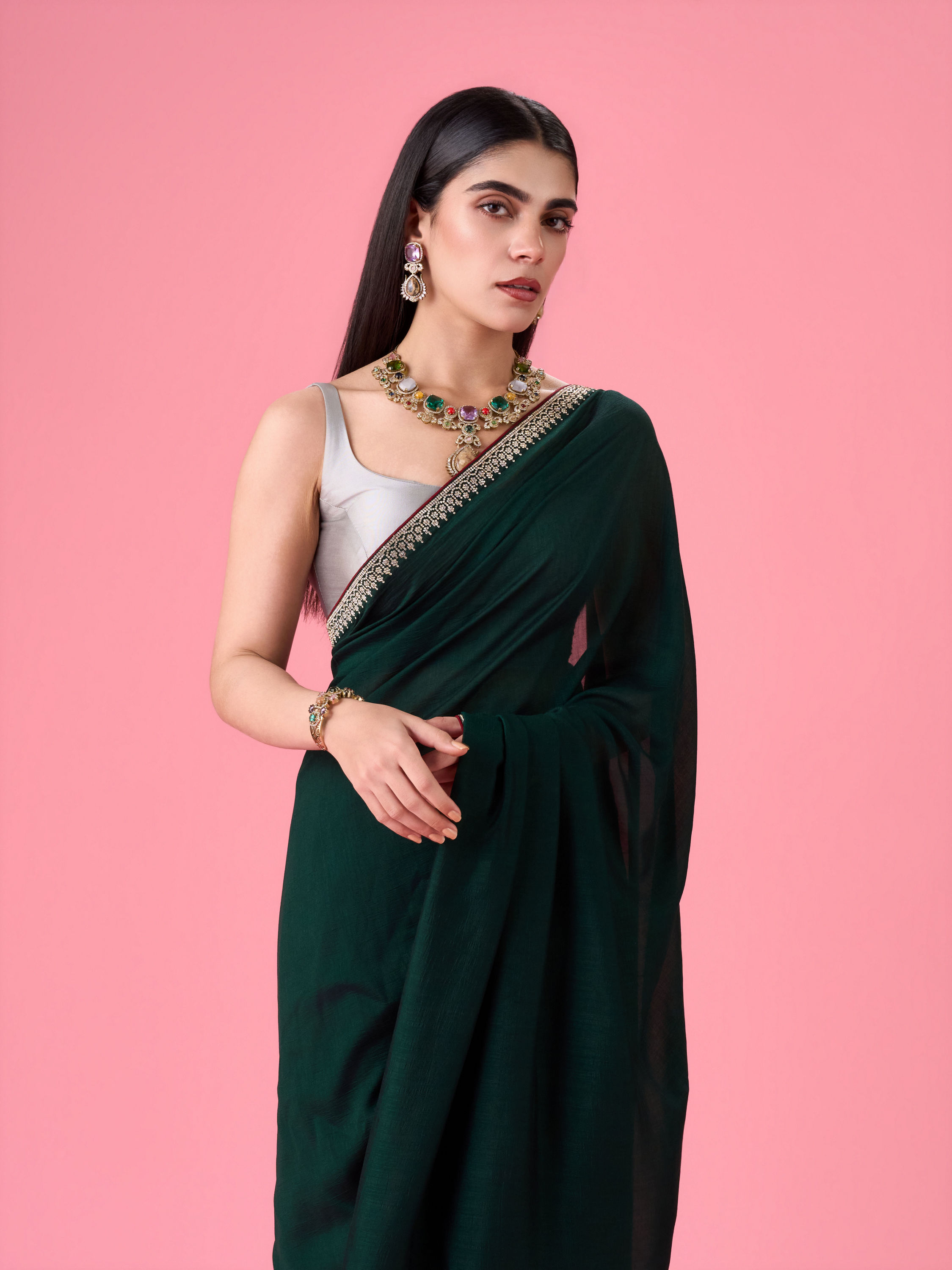 Mohey Women Bottle Green Celebration Saree