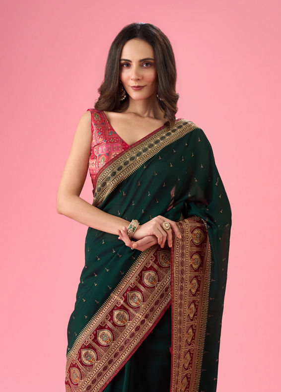 Mohey Women Chic Bottle Green Saree